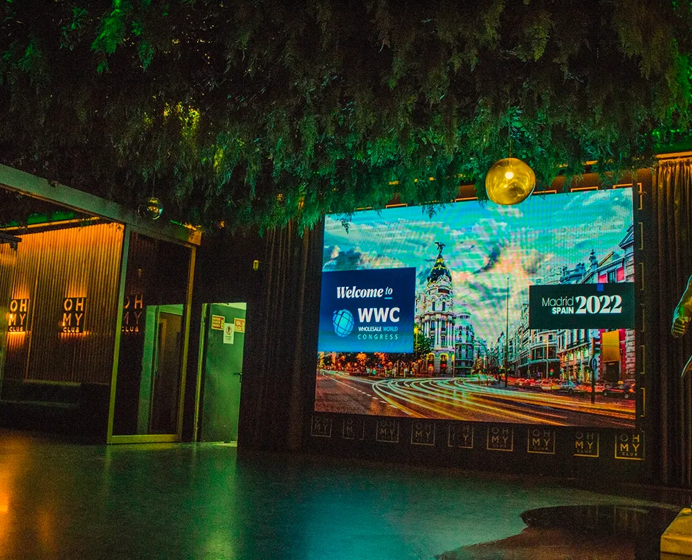 Exterior entrance with digital screen at Oh My Club Madrid