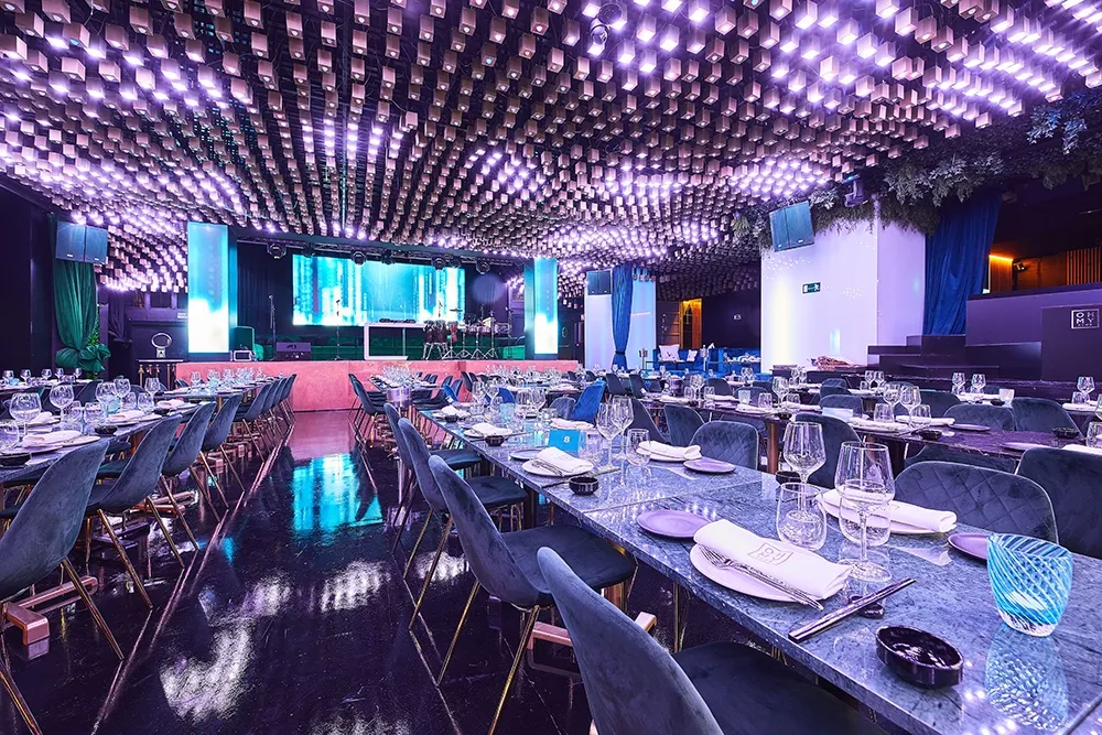 Event room set up for a banquet at Oh My Club Madrid